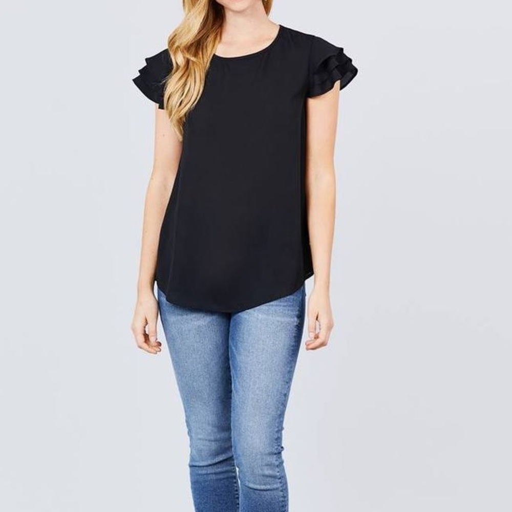 Monteau Black Chiffon‎ Short Sleeved Flutter-sleeve Blouse, Size L